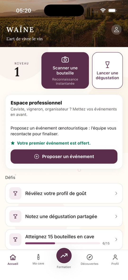 Écran d’accueil de l’app Waïne : niveau, raccourcis et défis