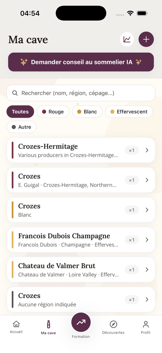 Ma cave dans l’app Waïne : bouteilles filtrables par couleur
