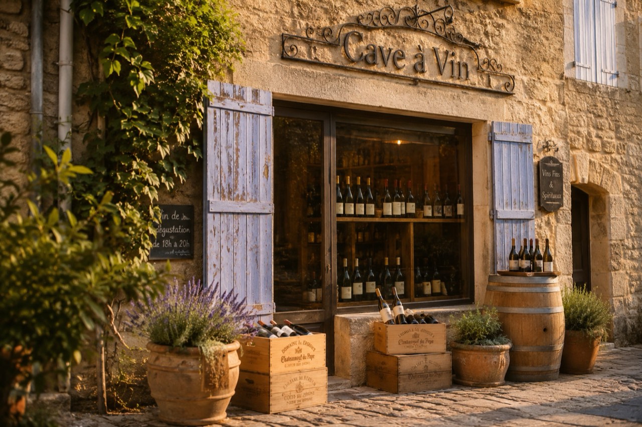Devanture d’une cave à vin en Provence, baignée de lumière dorée
